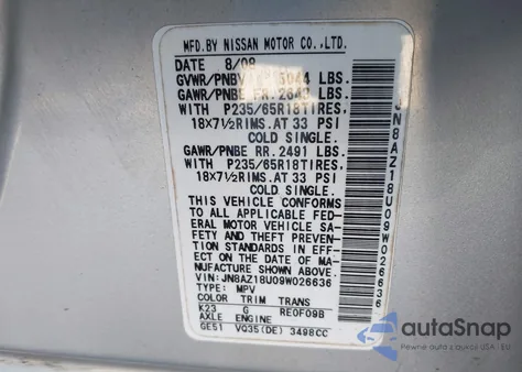 2009 Nissan Murano Sl from USA, damaged, VIN JN8AZ18U09W026636